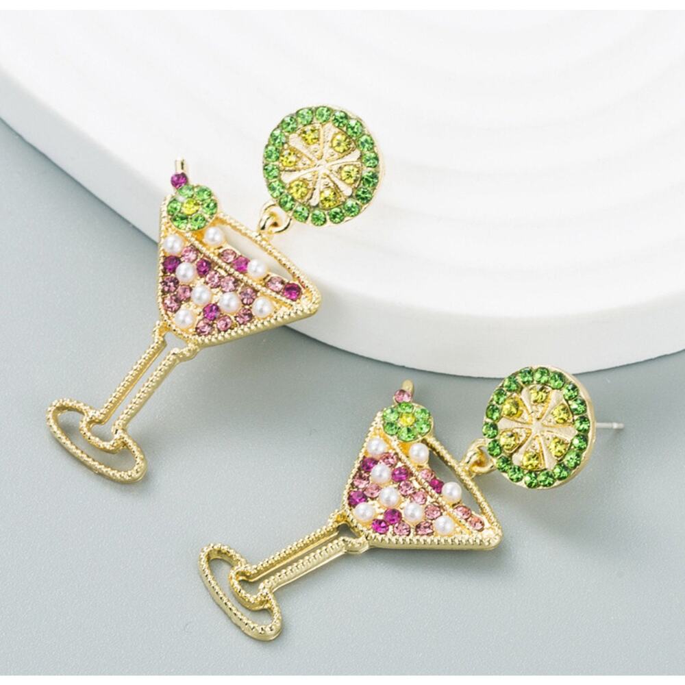 Extra Dry Martini Cocktail Design Glamorous Rhinestone Inlaid Dangle Earrings
